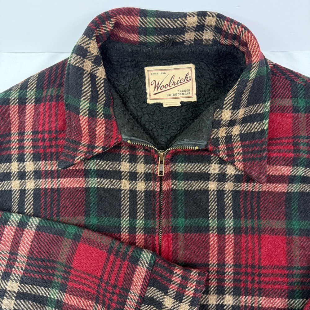 Vintage Woolrich Plaid Wool Jacket Mens Large Sherpa Lined Zip Front Made in USA